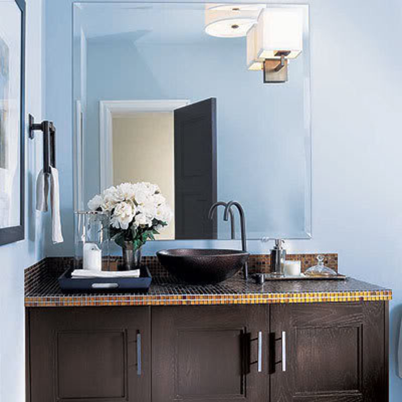 Blue and brown bathroom