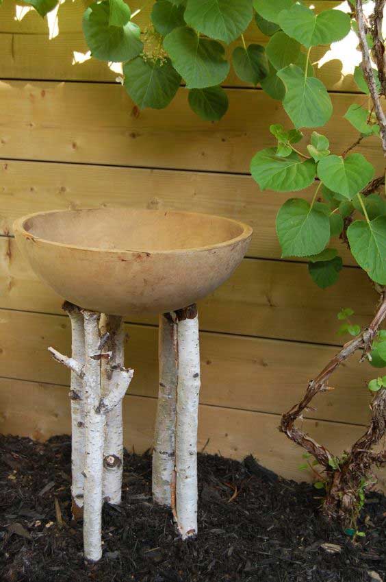 rustic birch crafts - log bird bath
