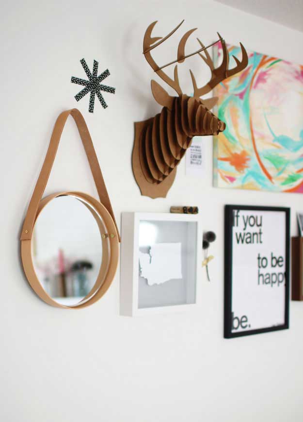 round DIY mirror with leather hanging strap