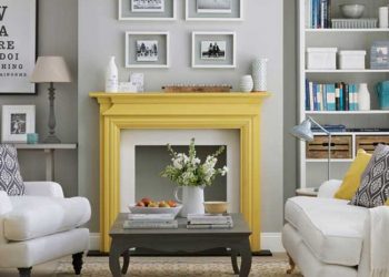gray living room with pops of yellow