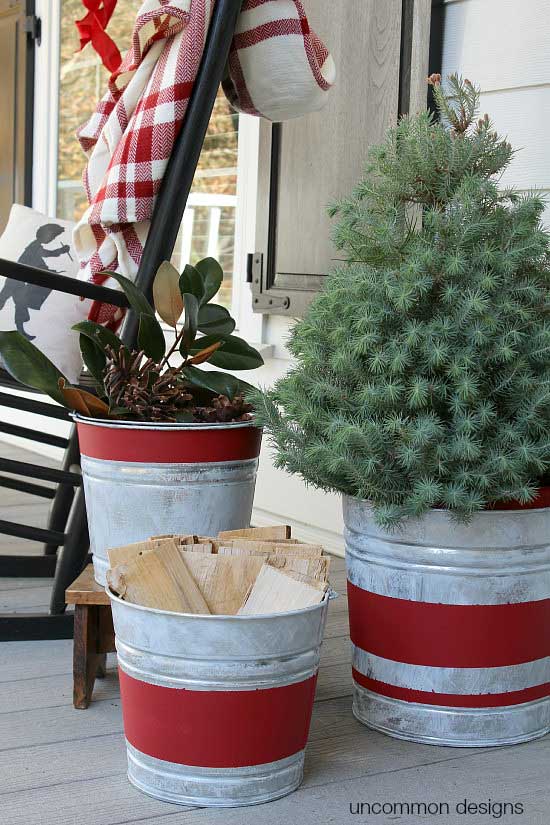 Christmas decor in galvanized buckets