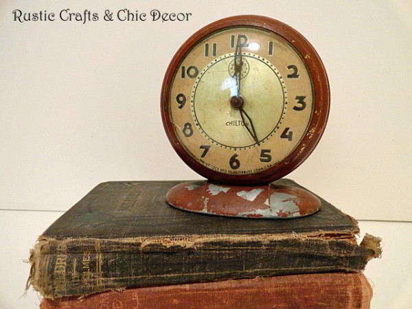 decorating with clocks and books by rustic-crafts.com