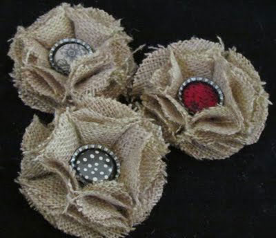 burlap and bottle cap flowers