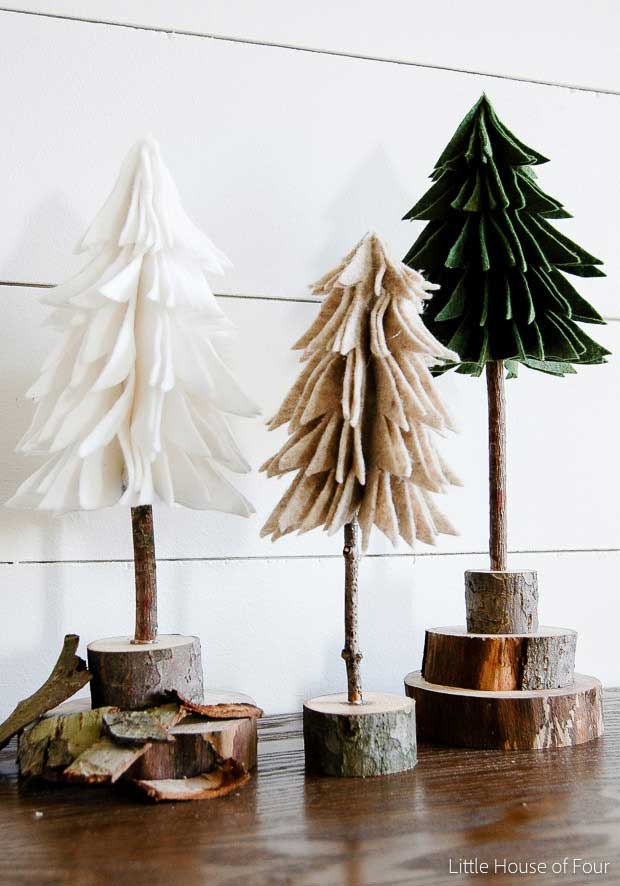 DIY tabletop Christmas trees made from felt and branches