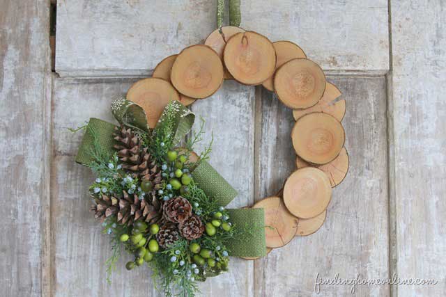 Christmas wreath made from wood slices