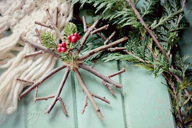 homemade rustic twig snowflake Christmas ornament