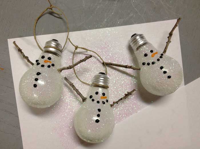 upcycled light bulb snowman ornaments