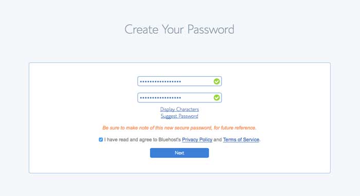 bluehost create password screen