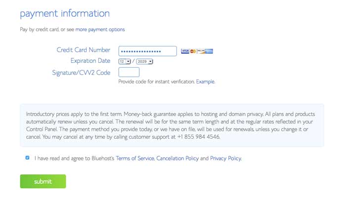 bluehost credit card information page