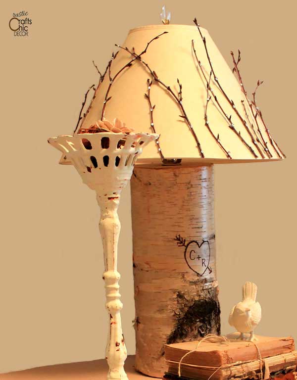 diy birch wood burned lamp