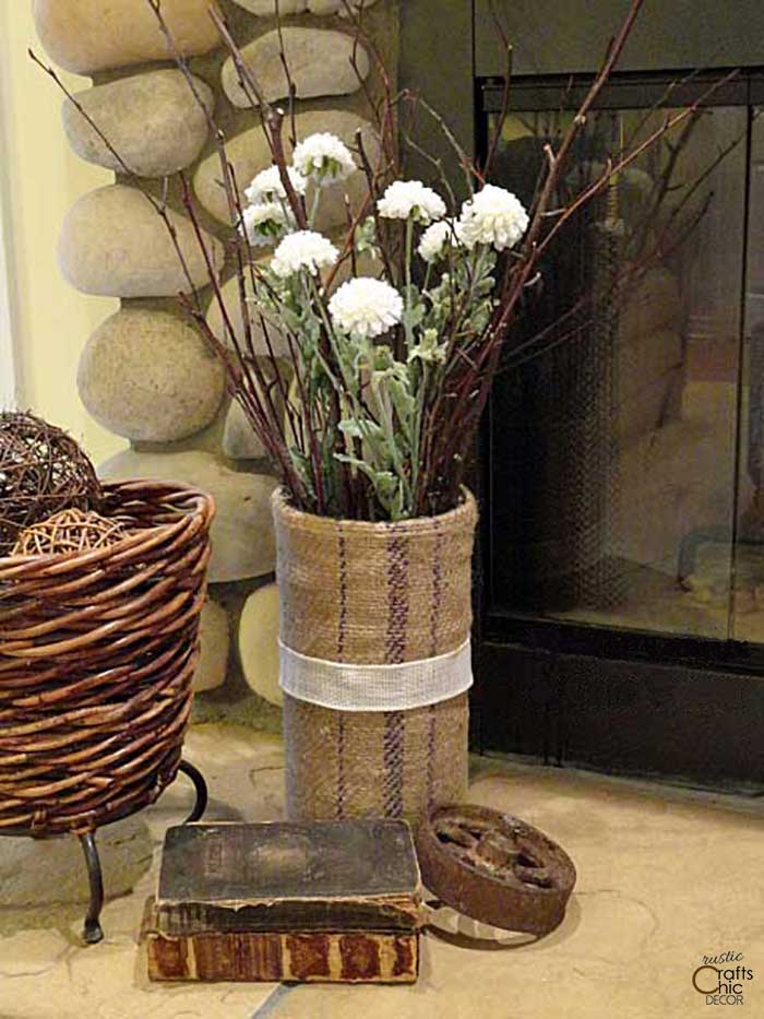 rustic decor vase made with a vintage grain sack