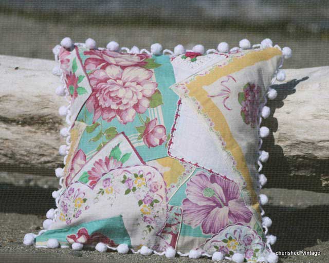 vintage handkerchief quilted pillow