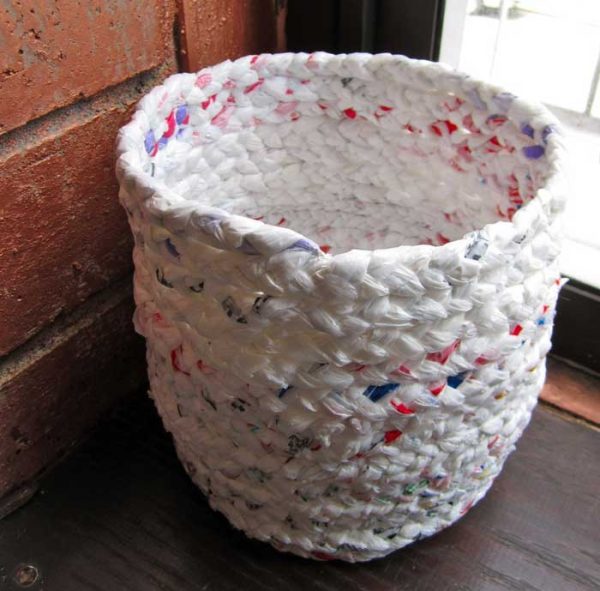 upcycled plastic bags made into a basket