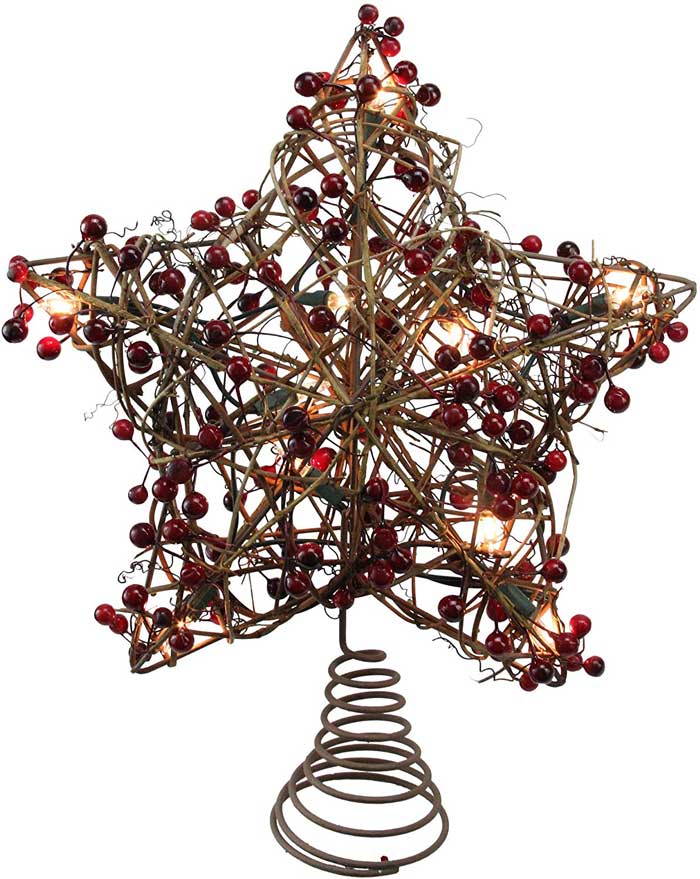 natural rattan star with red berries lighted tree topper