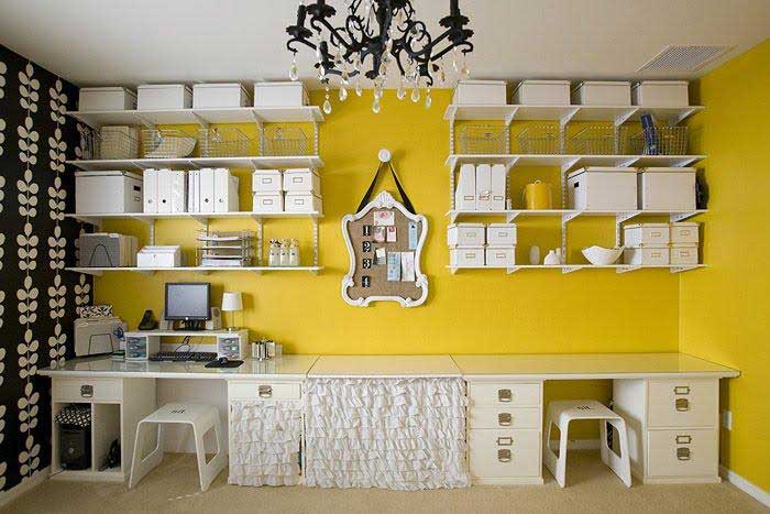 yellow walls in craft room