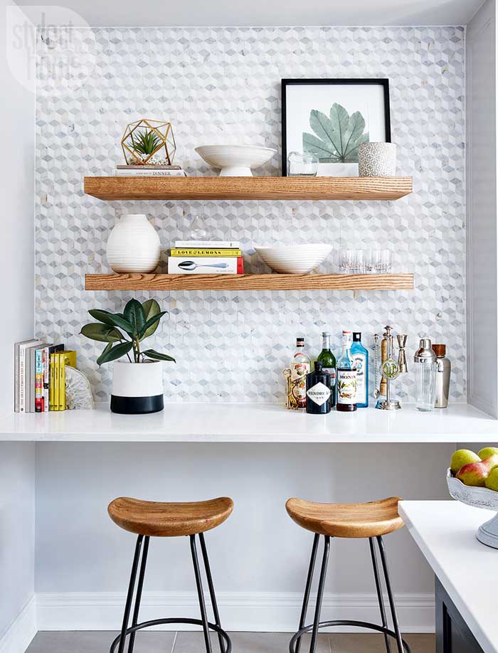 open shelving in a kitchen