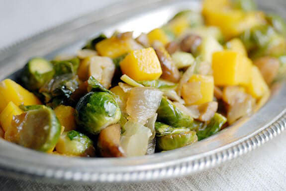 squash, brussel sprouts, and chestnuts