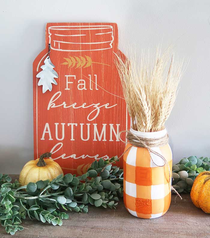 fall buffalo check mason jar vase