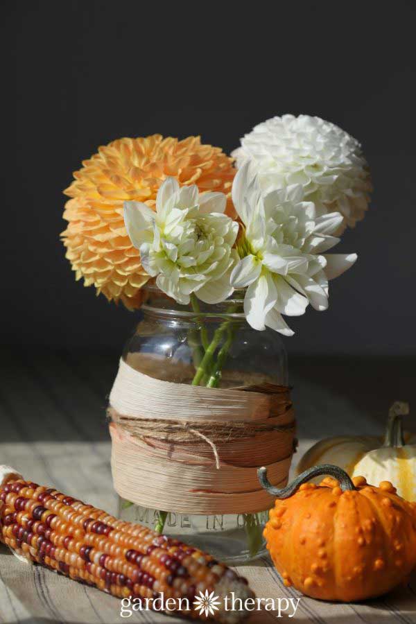 corn husk wrapped mason jar vase