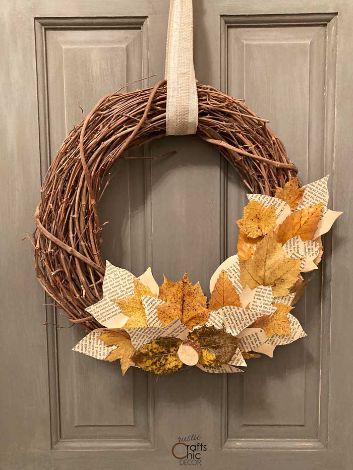 diy fall wreath with book page leaves