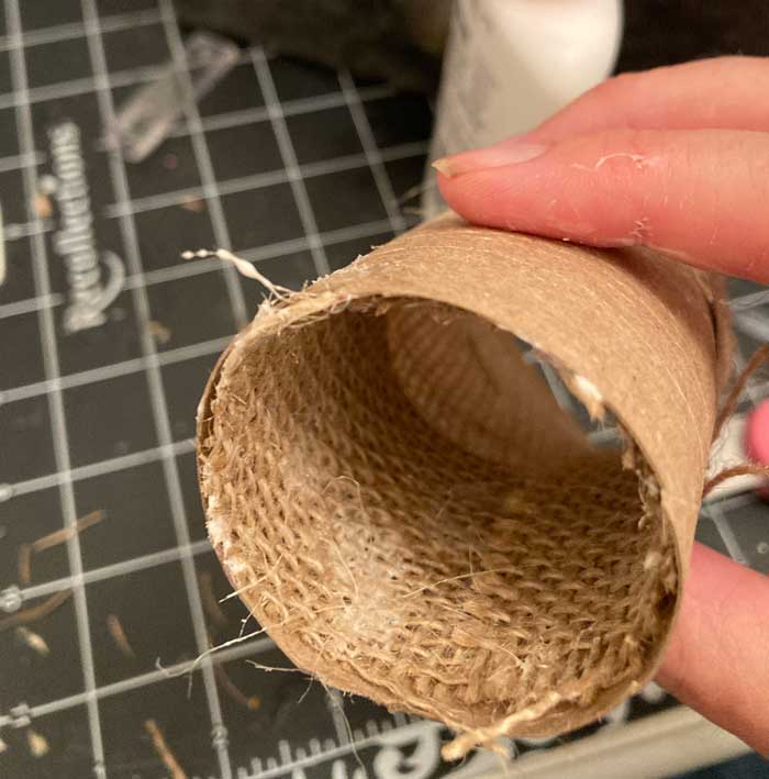 fabric adhered to inside of toilet paper roll