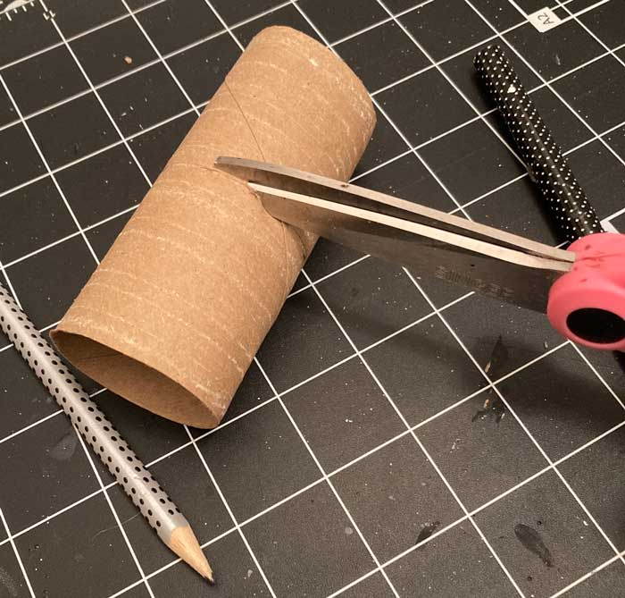 cutting toilet paper roll with scissors