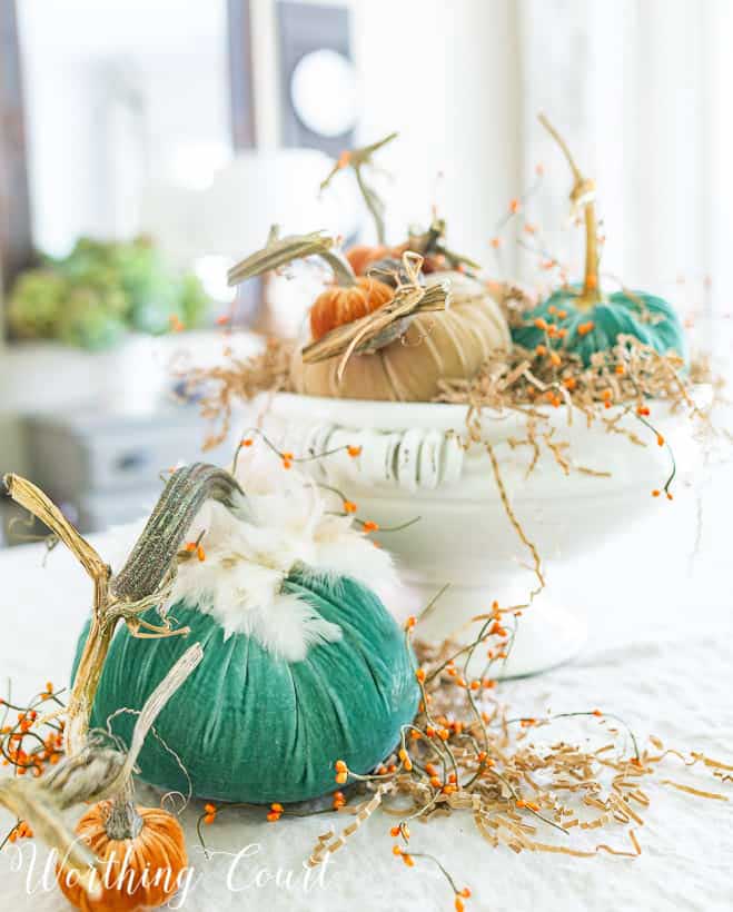 pumpkin, pipberry, and paper shed Thanksgiving Centerpiece