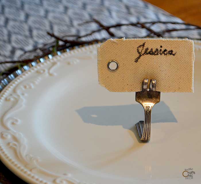 old fork turned into place card holder