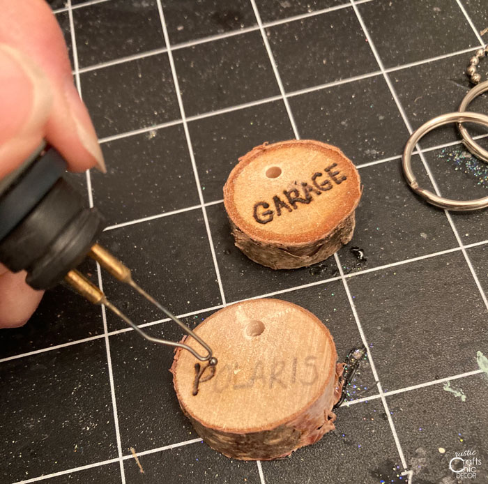 woodburned keychain labels