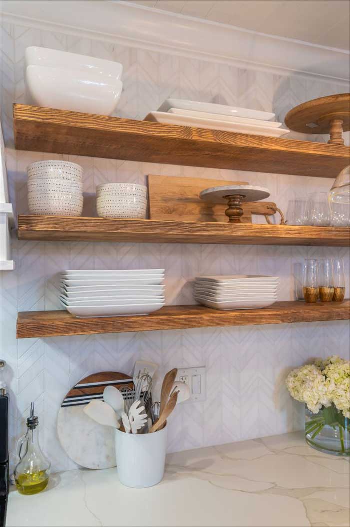 neutral with texture open kitchen shelving