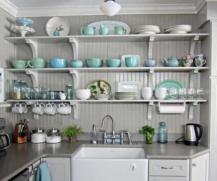 splashes of greens and blues for open shelving