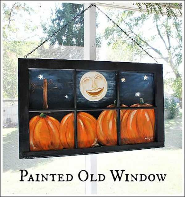 fall scene painted on old window
