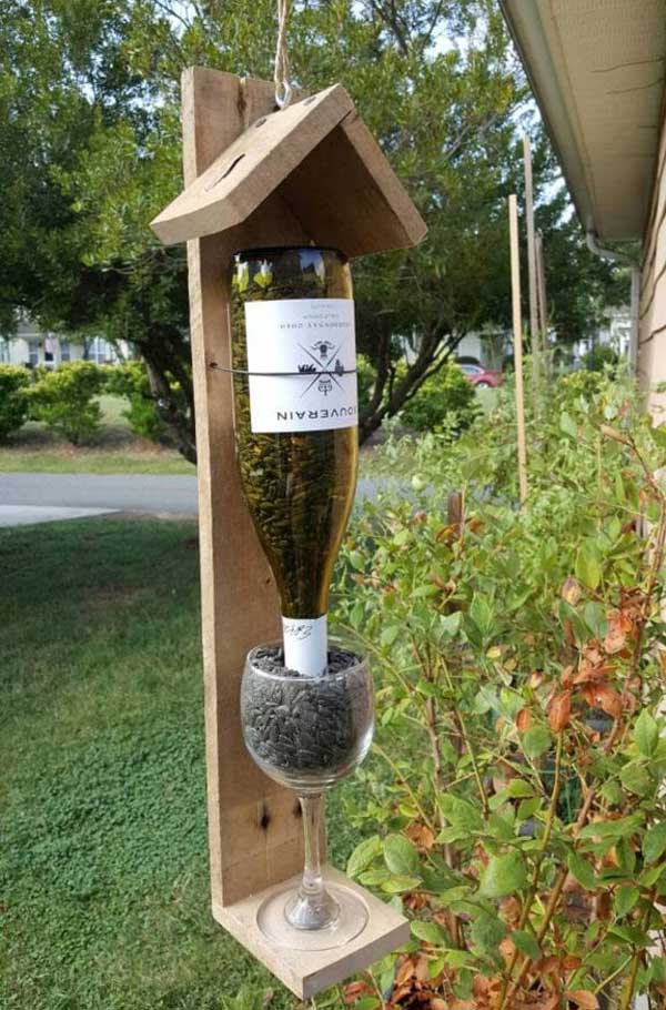 wine bottle diy bird feeder
