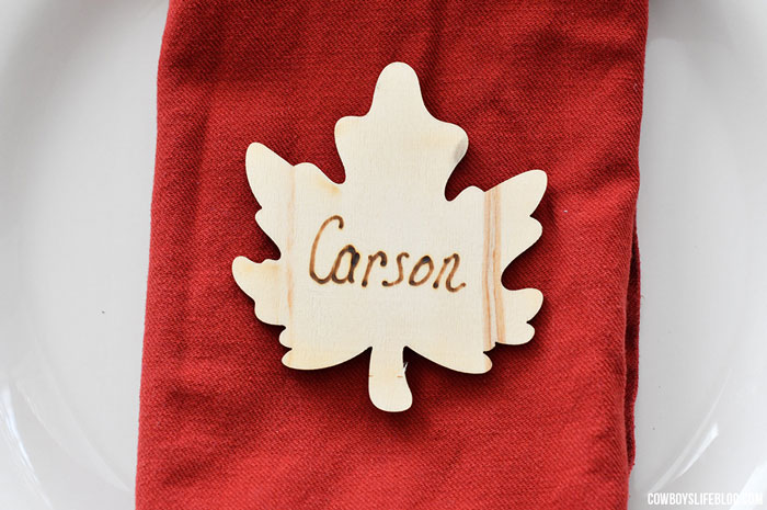 wood burned leaf place card